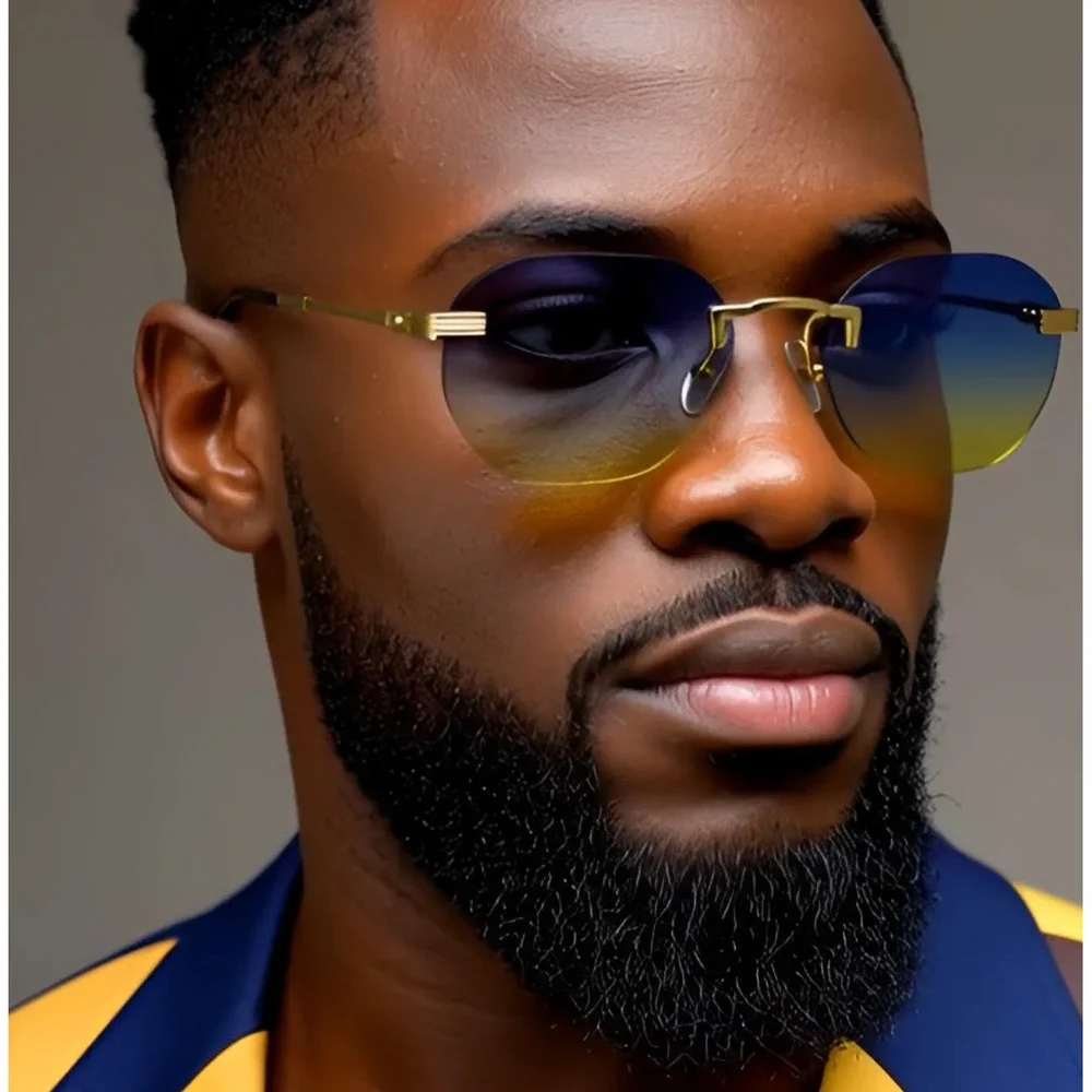 Rimless Sunglasses Blue Yellow‎ Gradient Lens Gold Frame Fashion Shades Lentes